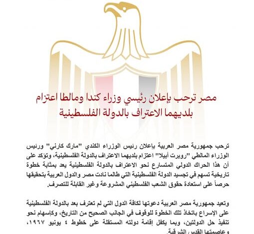 مصر ترحب بإعلان كندا ومالطا الاعتراف بالدولة الفلسطينية: خطوة تاريخية