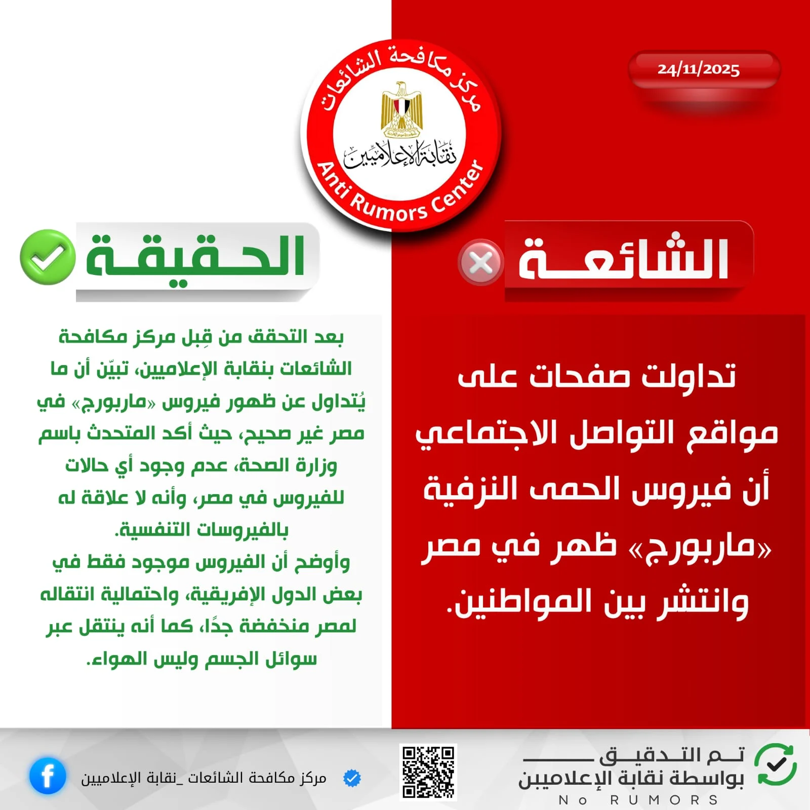 مركز مكافحة الشائعات ينفي ظهور فيروس ماربورج في مصر: لا إصابات واحتمالات الانتقال منخفضة للغاية