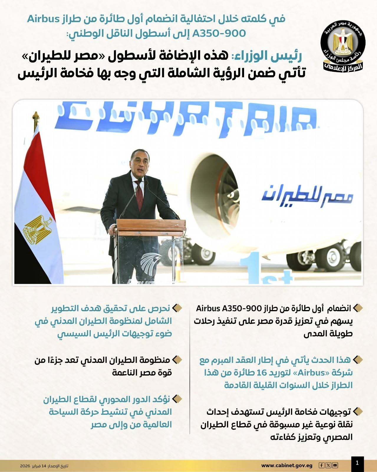 رئيس الوزراء: انضمام طائرة Airbus A350-900 الجديدة يعزز قوة أسطول مصر للطيران ضمن رؤية الدولة للتطوير