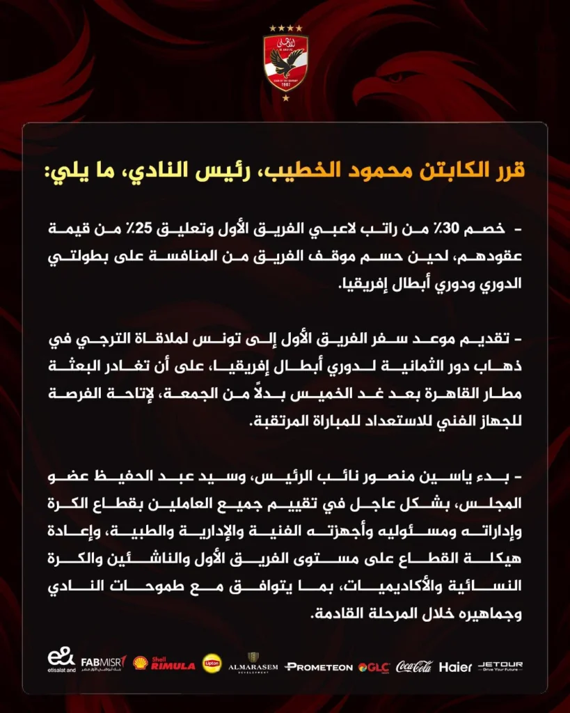 الأهلي يفرض عقوبات على لاعبيه ويقدم موعد مباراة الترجي بعد تراجع النتائج